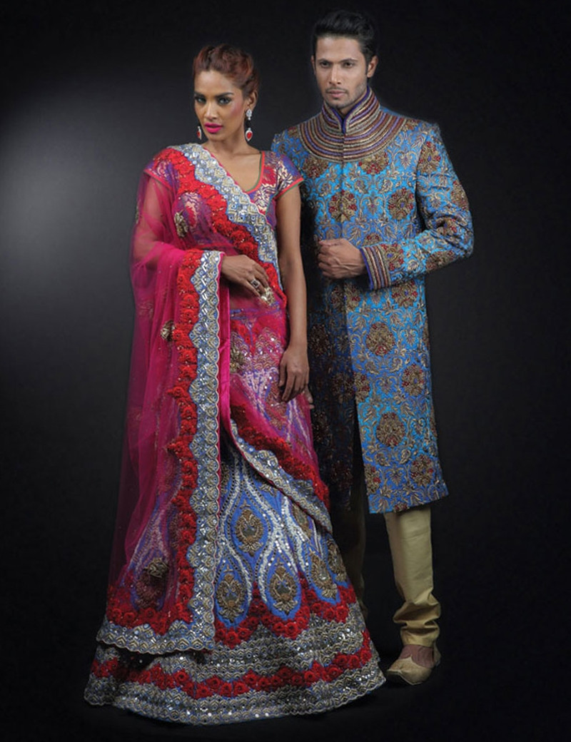 Elegant Couple In Blue Silk Outfit
