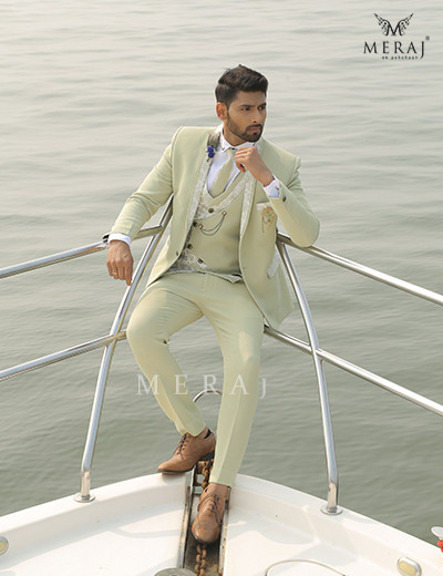 Stunning Sorrento Green suit with Printed Lapel