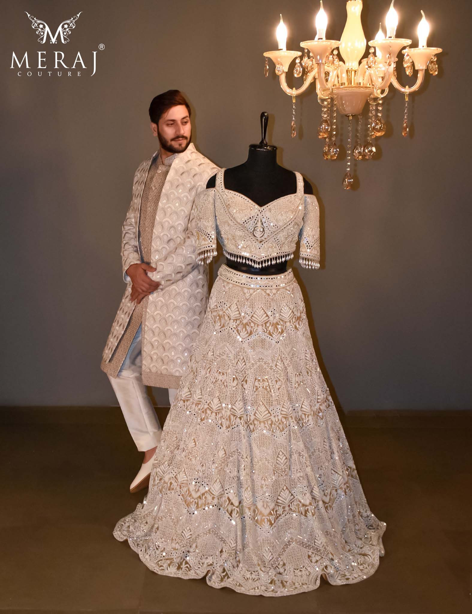 Bridal Crop Top With Stunning Pearl And Resham Work With Double-Layered Indo-Western Long Suit