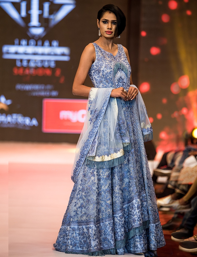 Elegant Powder Blue Indowestern Gown With Stone And Thread Work