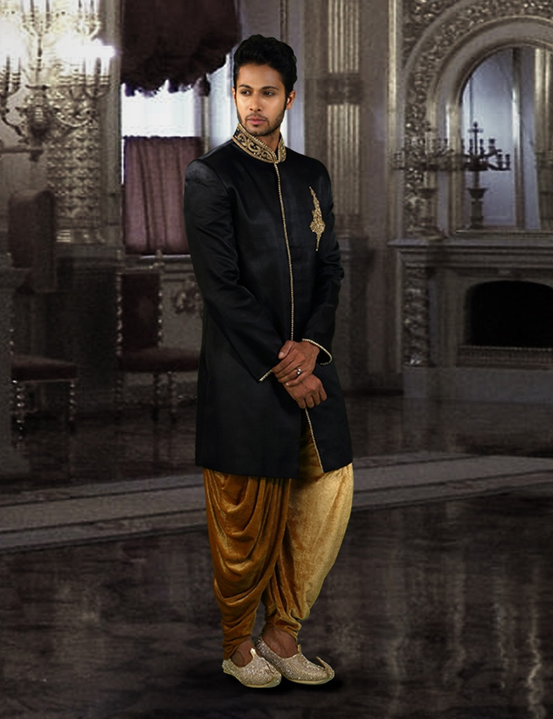 Buy Black Raw Silk Indo Western Dress with Golden Embroidery on Collar for  Men Online at Best Prices | Dulha Ghar