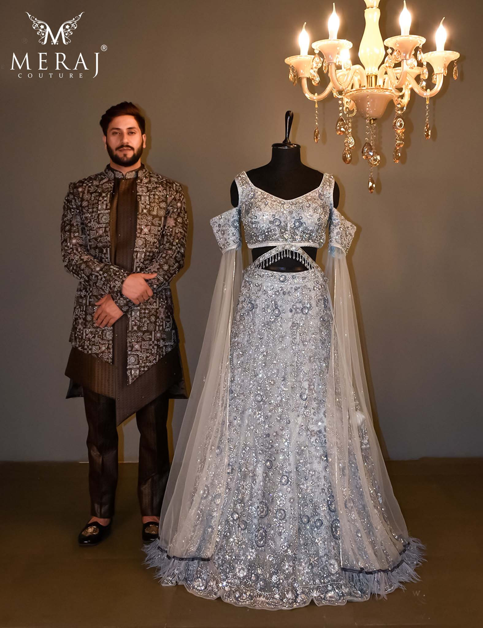  Exquisite Blue-Grey Bridal lehenga With Blending Indo-Western Fusion With Geometric Resham And Crystal Work