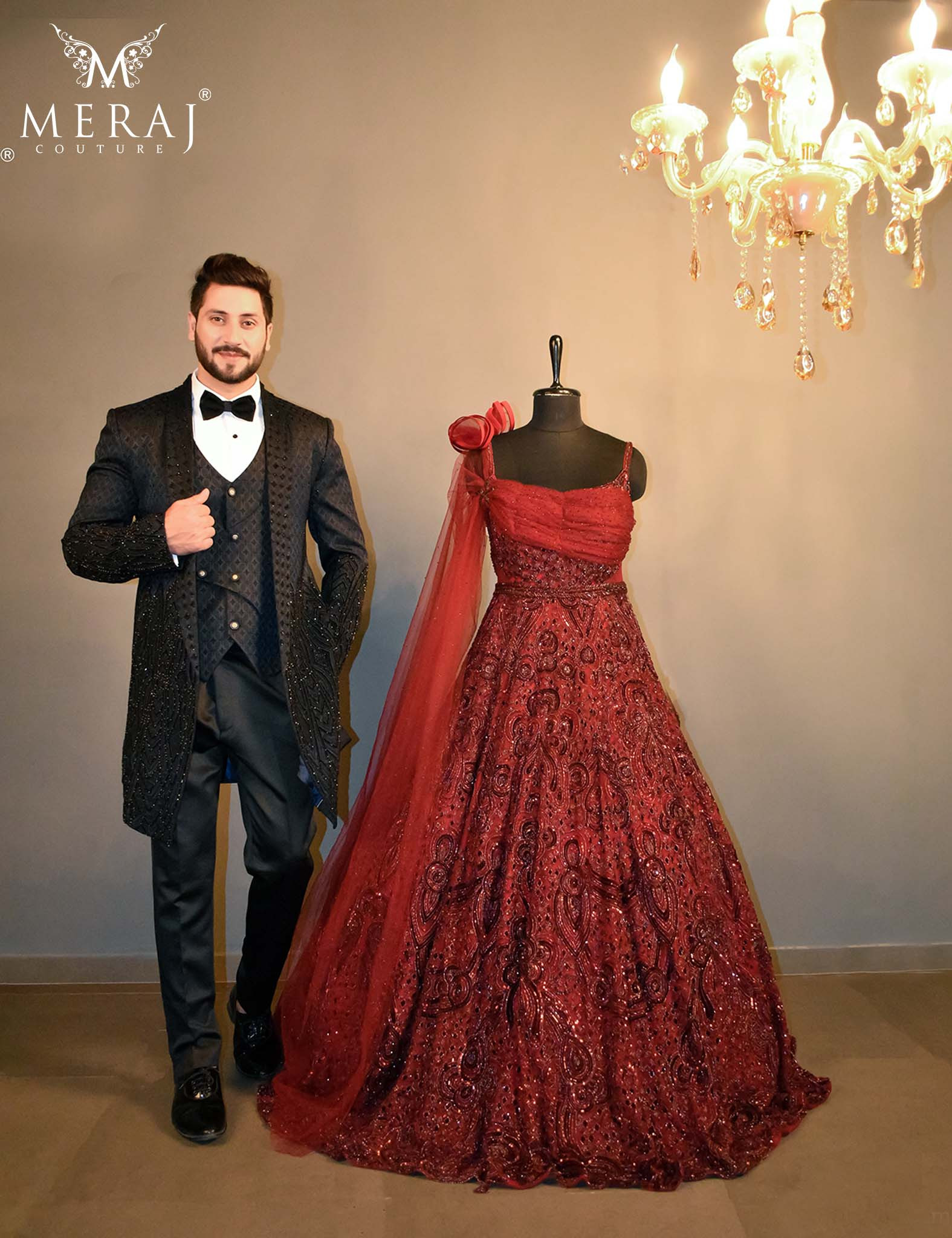 Maroonish-Red Draped Netted Bridal Gown With Elegant Arabian Tuxedo