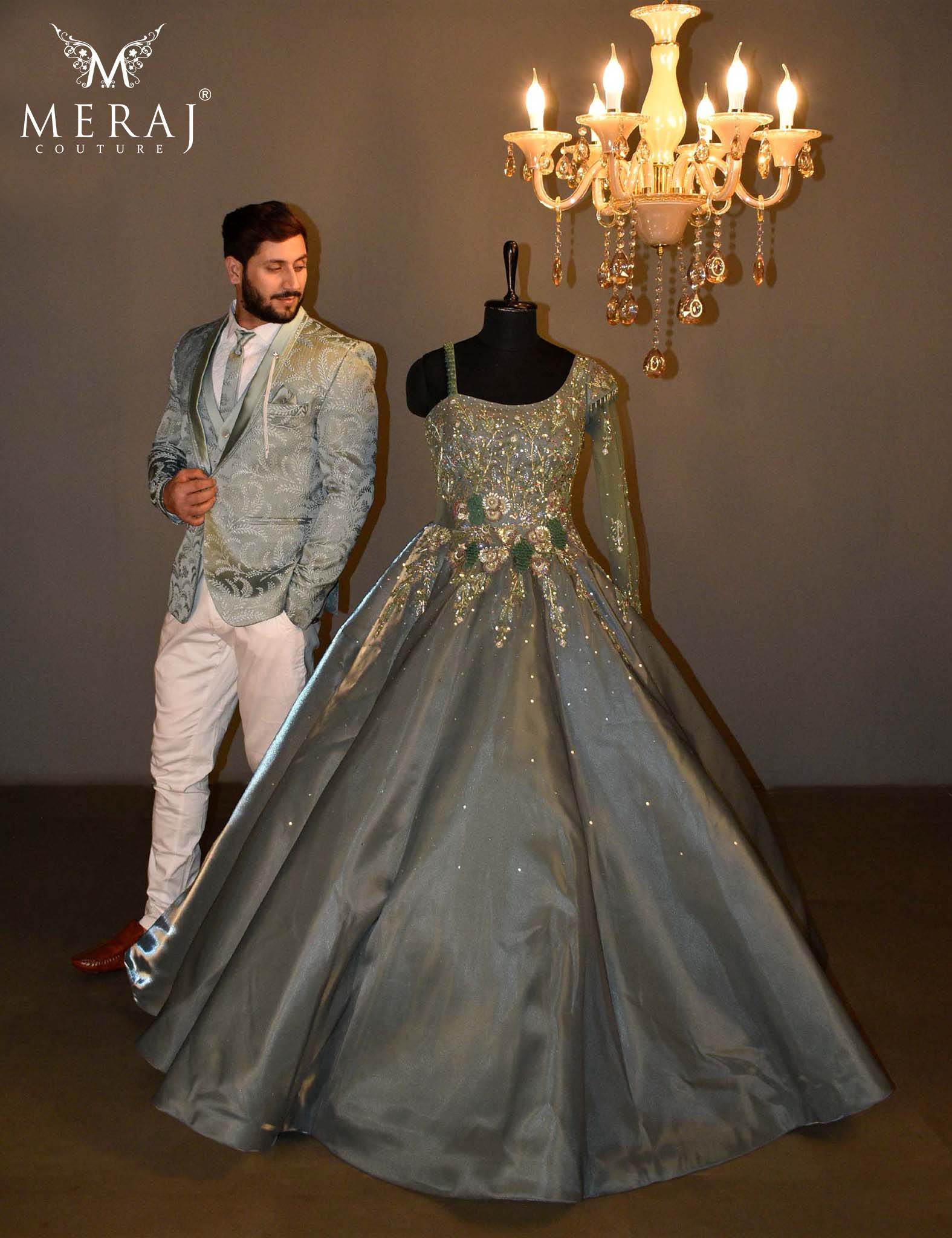 Metallic Gray Bridal Gown Matching Italian Suit