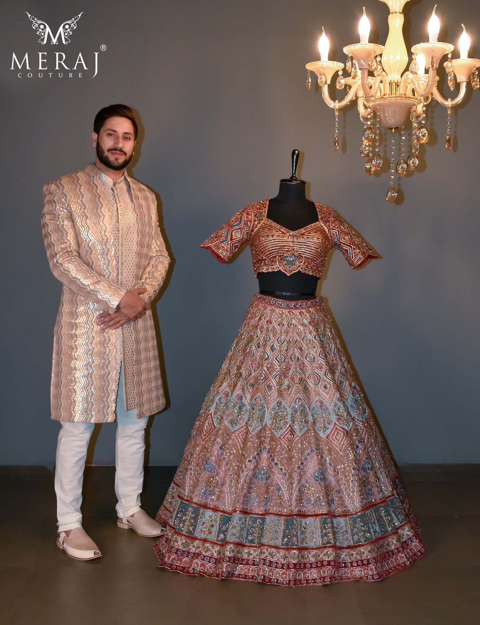 Multi Colour Bridal Crop Top With Stunning Pearl Work With Double-Layered Indo-Western Long Suit