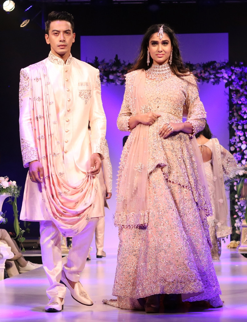 Perfect Couple In Peach Embellished Ensemble