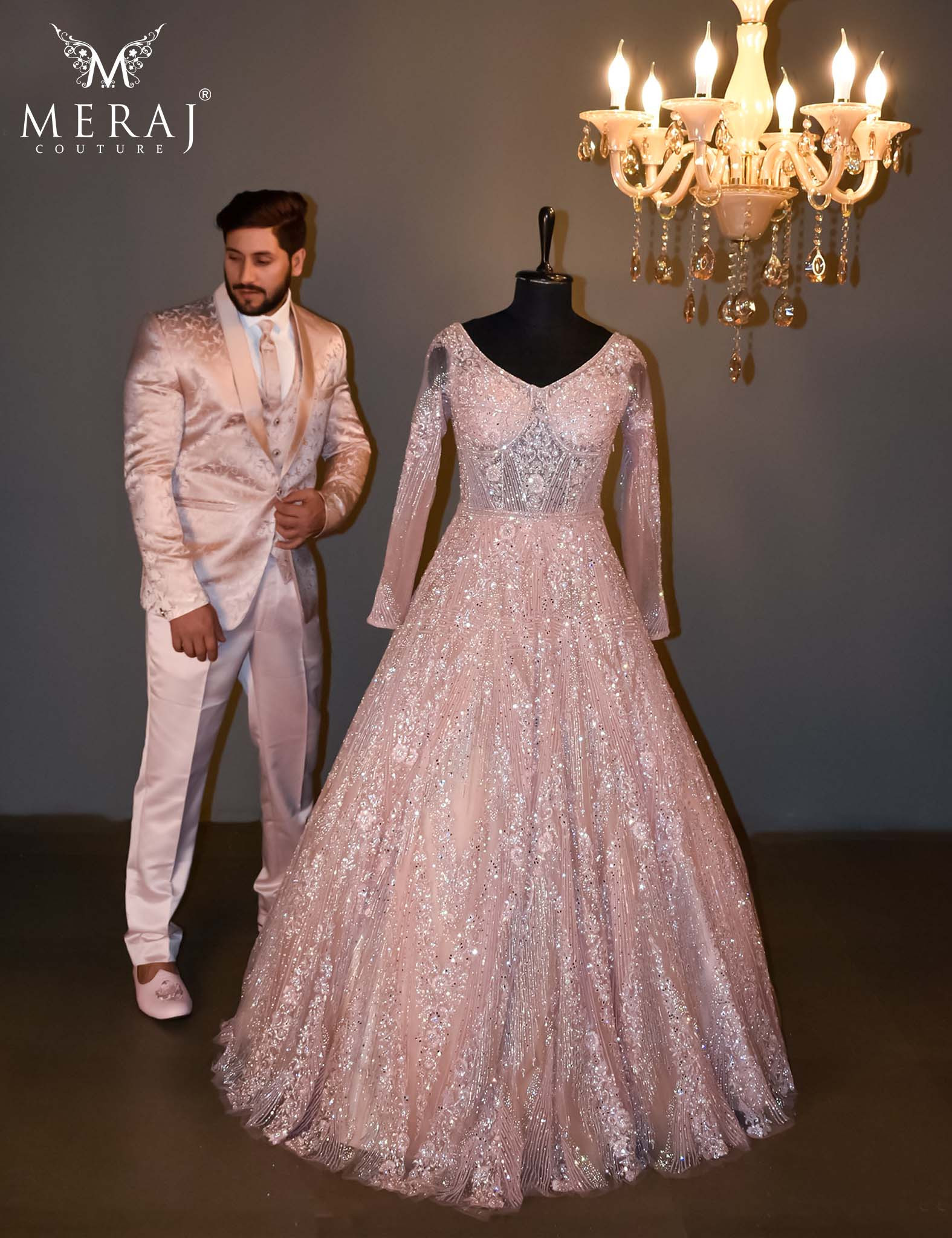  Soft Peach Bridal Gown With Exquisite Italian Jacquard Suit.