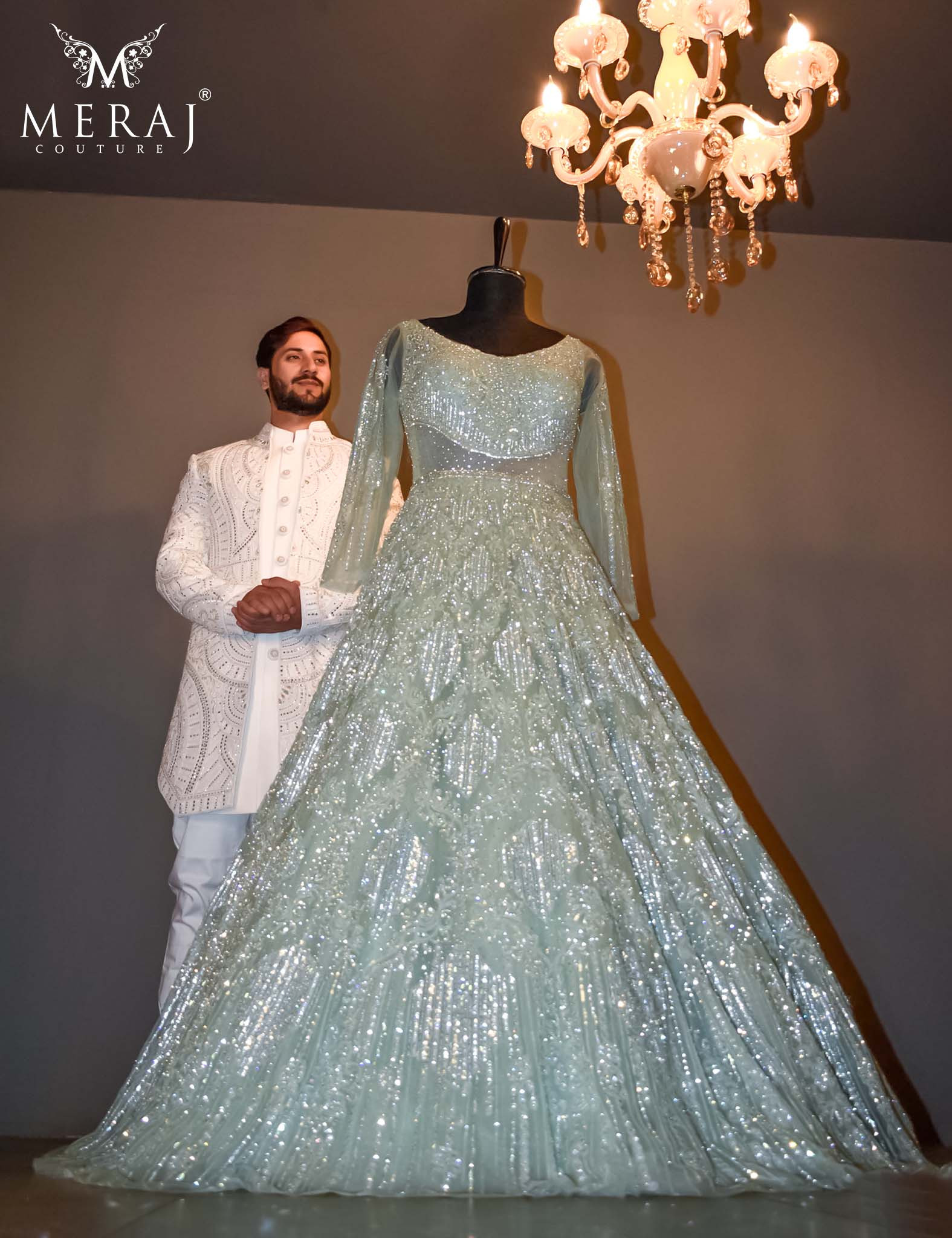 Stunning Aqua Green Bridal Gown With Ivory Indo-Western Suit