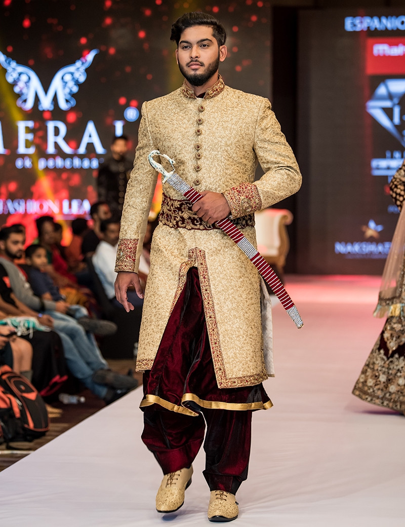 Traditional Golden Sherwani With Straight-Cut Pants