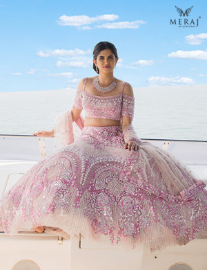 Scaluped Designed Pink Crop top with Lehenga