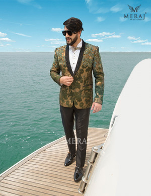 Shimmery Golden Tuxedo with Olive Green Floret 