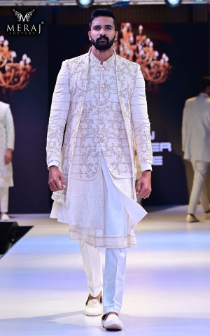 Exquisite Pearl White Silk-Based Sherwani