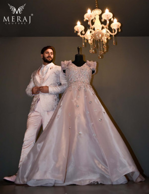 Metallic Tissue Peach Bridal Gown With Peach-Colored Italian Suit