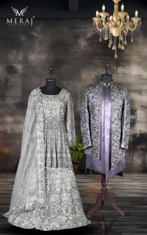 Persian Bridal  Gray Metallic  Peplum Indowestern  &  Imported  Italian fabric Indowestern Sherwani 