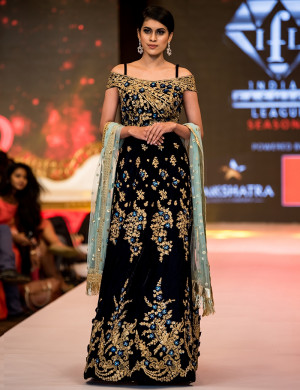 Stunning Off-Shoulder Indowestern Black Gown With Golden And Blue Motifs