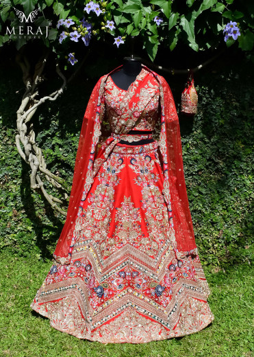 exquisite red ghagra choli with multi color border