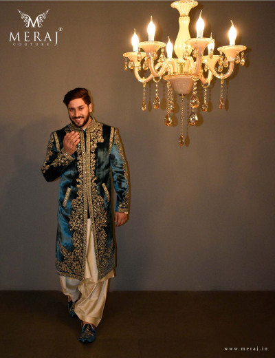 Exquisite Hand-Embroidered Sherwani in Luxurious Pure Velvet