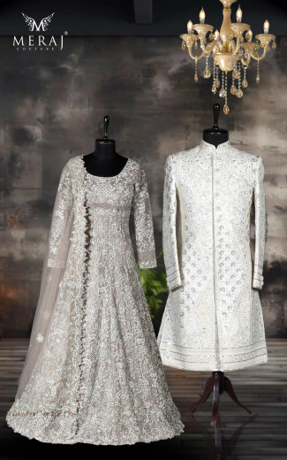 Persian  Gray Tail gown & Persian off white Sherwani