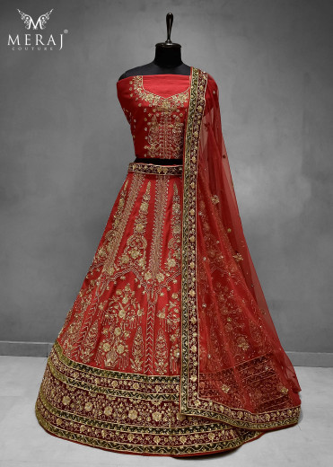 Red Raw Silk Lehenga with double colour border