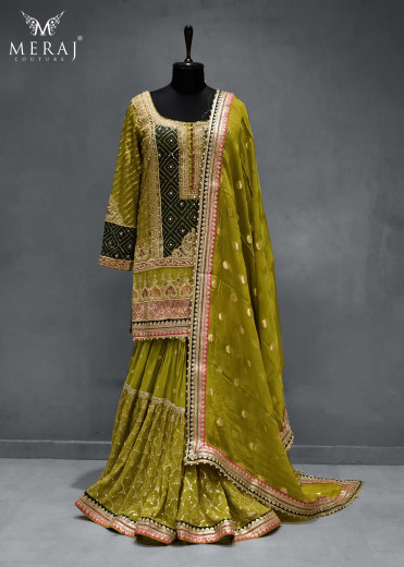 olive green with touch of Emerald green Georgette Sharara