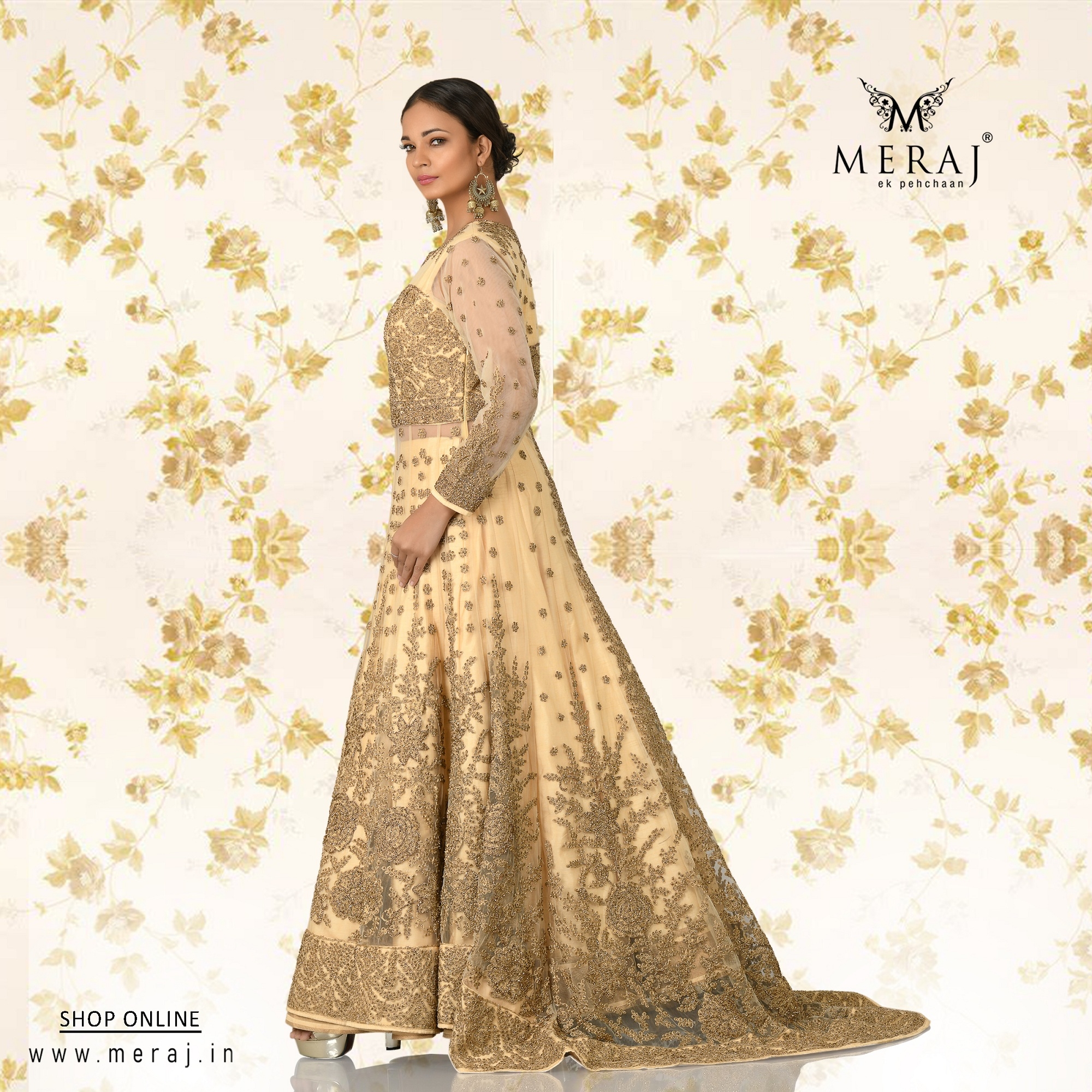 Gold color Brocade, Jacquard fabric IndoWestern Dress : 1609100